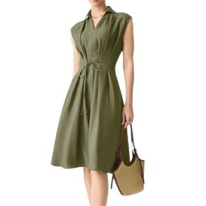 NWT OGL Viscose Linen Collared V Neck Drawstring MIDI Dress Green Size Small